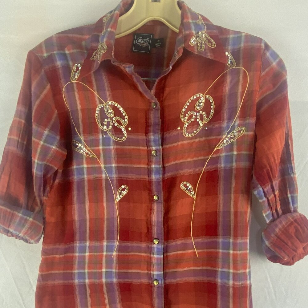 Cruel Girl Western Button Up Pearl Snap Shirt SZ S Red Plaid Rodeo Country